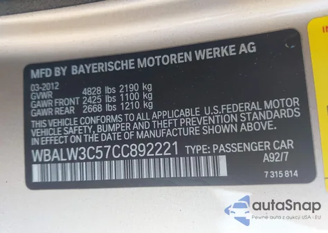 2012 BMW 640I from USA, damaged, VIN WBALW3C57CC892221